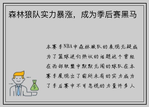 森林狼队实力暴涨，成为季后赛黑马