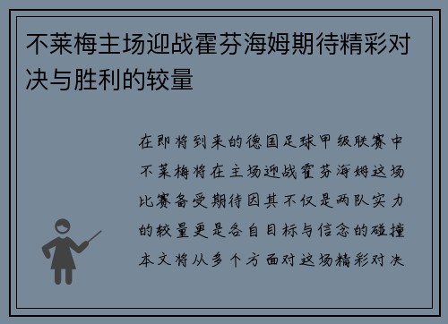 不莱梅主场迎战霍芬海姆期待精彩对决与胜利的较量